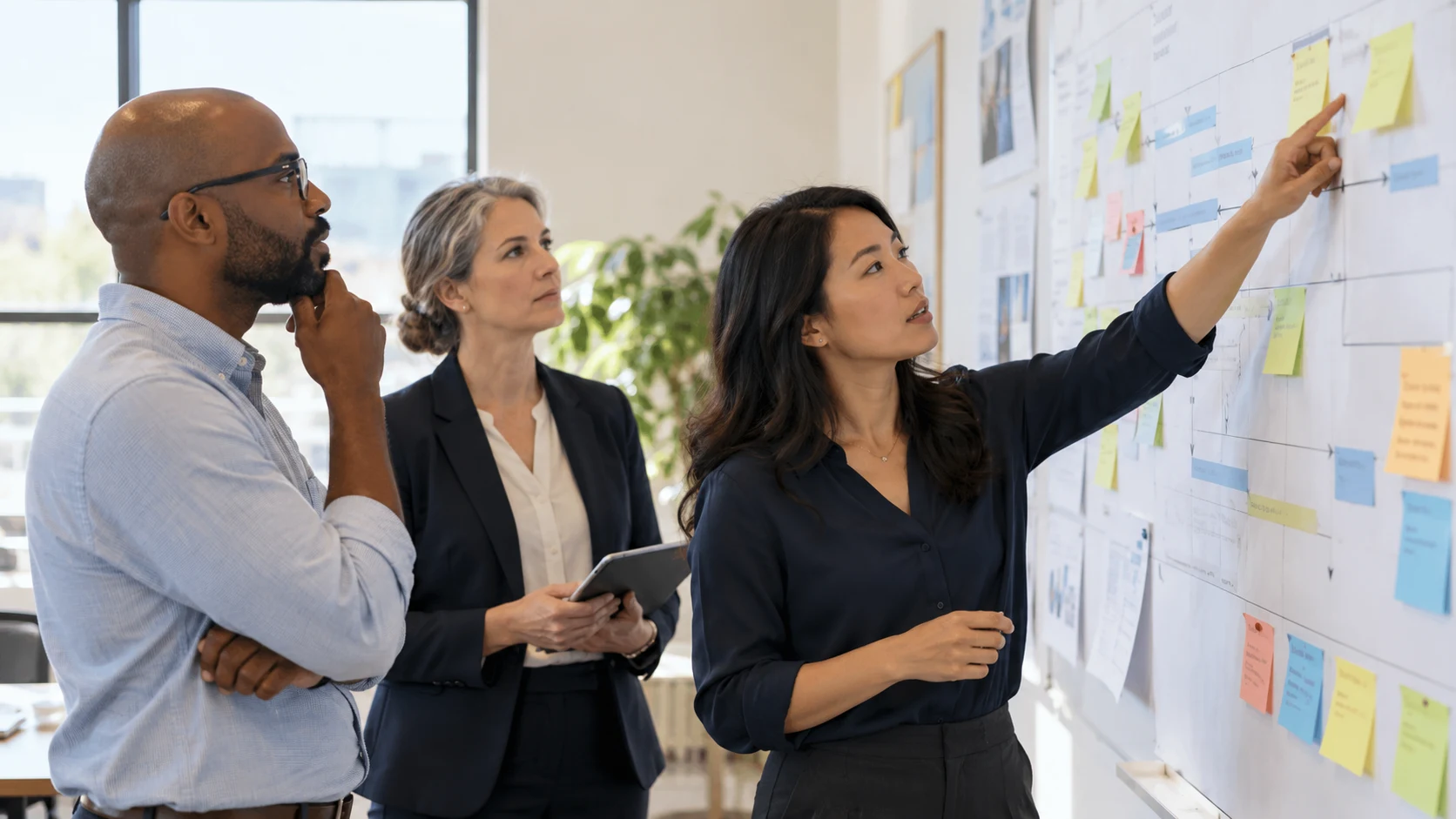 Illustrative colleagues reviewing a project timeline